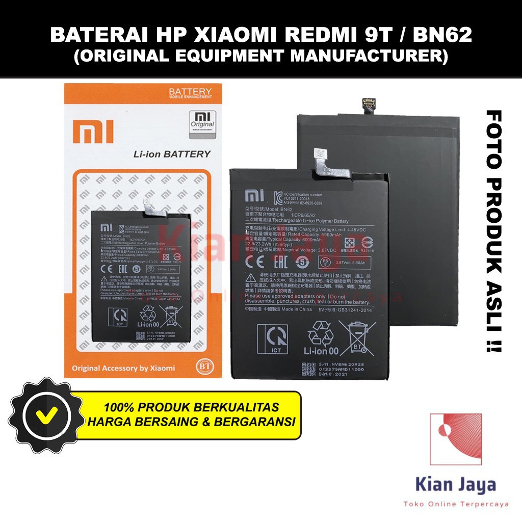 Baterai Xiaomi Redmi 9T BN62 Original OEM Batre Batrai Battery HP Xiao Mi BN 62 Ori