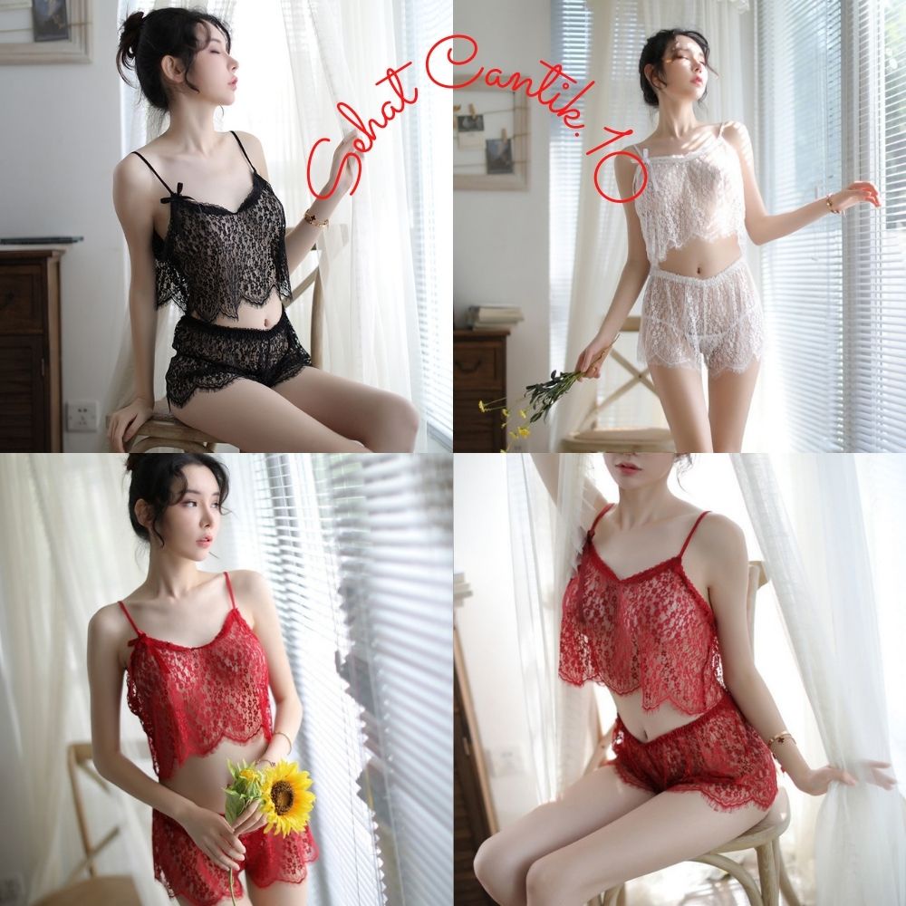 Set Lingerie + Celana Pendek Sexy Model Two Piece Full Lace Set Gaun Pakaian Baju Linjeri Lingeri Li