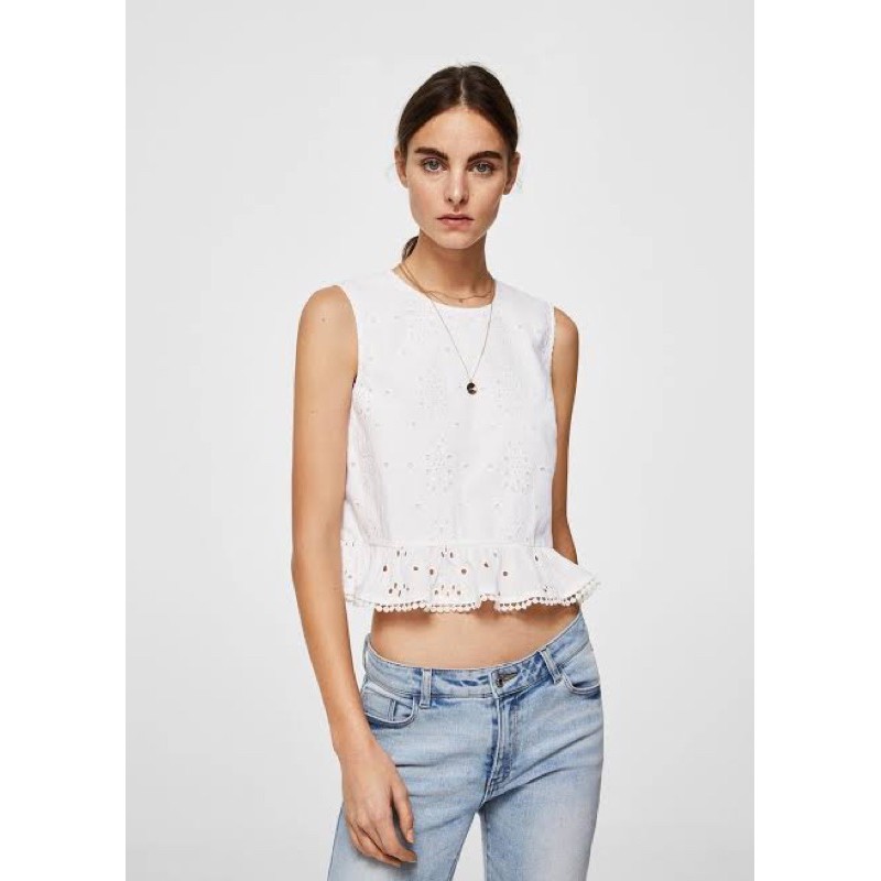 Mango Openwork Cotton Sleeveless Top White Ruffle Detail Peplum