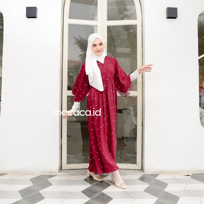 Dress Bahan Rayon Model Unik polkadot maroon polka kimono batwing lengan terompet tali pinggang