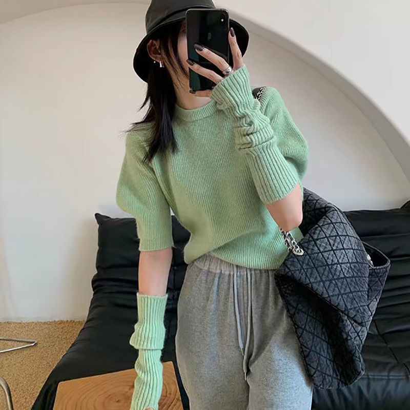 Suhao Musim Semi dan Musim Gugur Round Neck Vintage Bubble Sleeve Pullover Knitwear Legging Sleeve Sleeve Cover Element Top