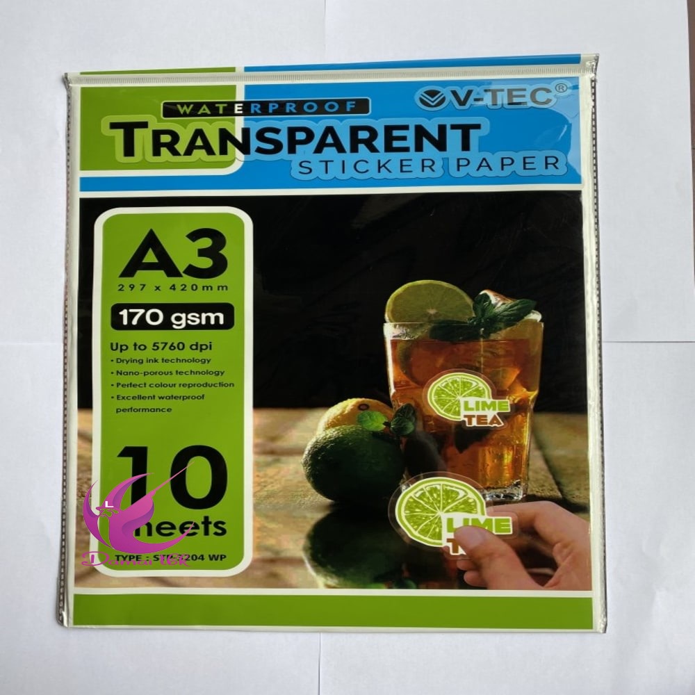 

KERTAS FOTO V-Tec STICKER TRANSPARENT PAPER A3 170 GSM STP-3204WP