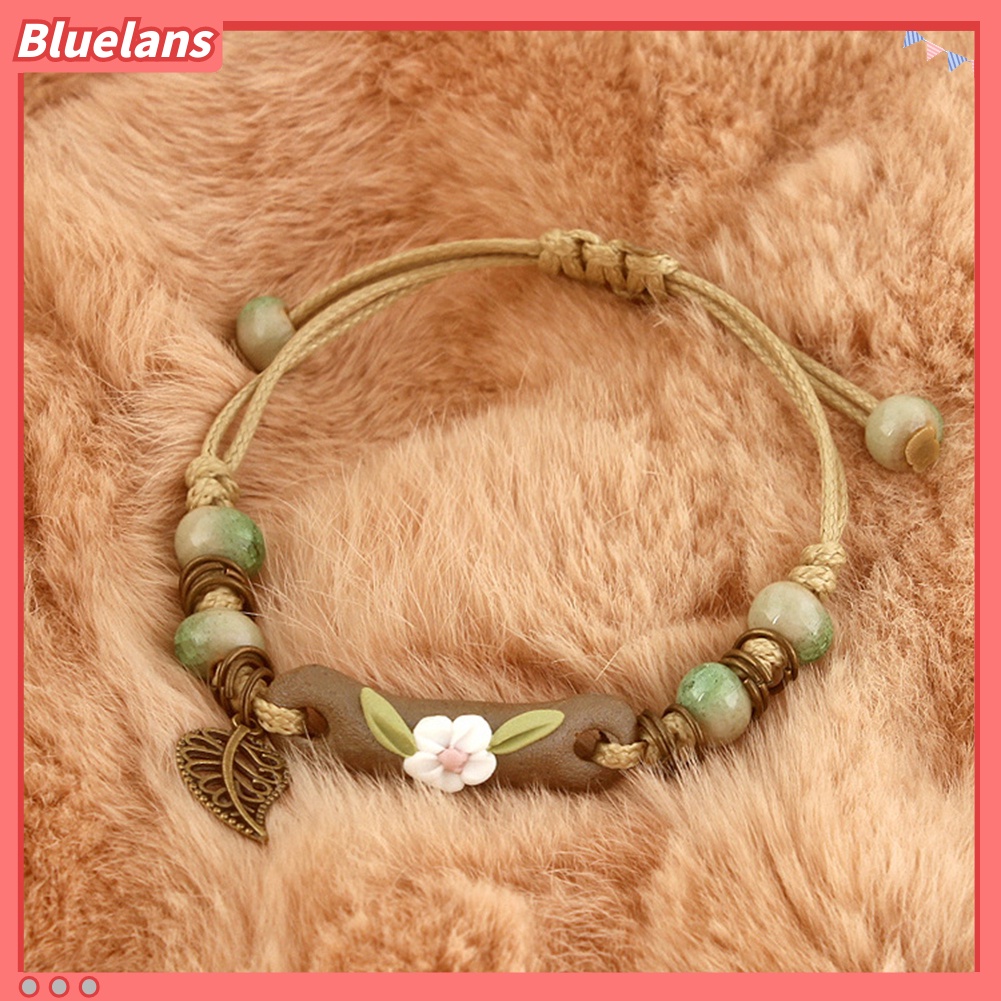 Bluelans Fashion Women Flower Leaf Porcelain Charm Woven Bracelet Adjustable Jewelry Gift