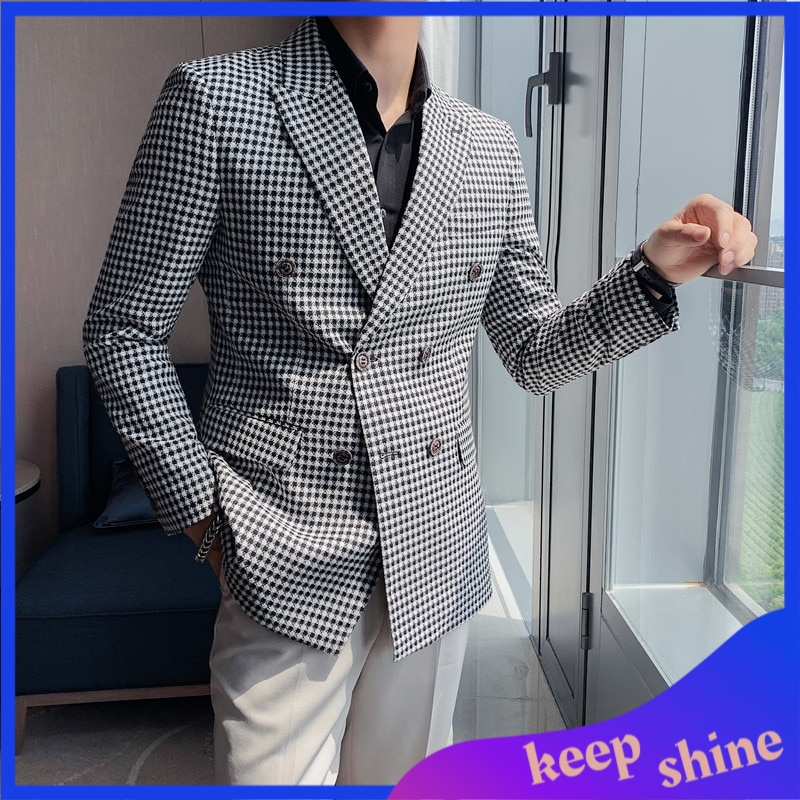 Blazer Casual Pria Slimfit British Style All Match Slim Fit Houndstooth Blazer Men Clothing  Simple 