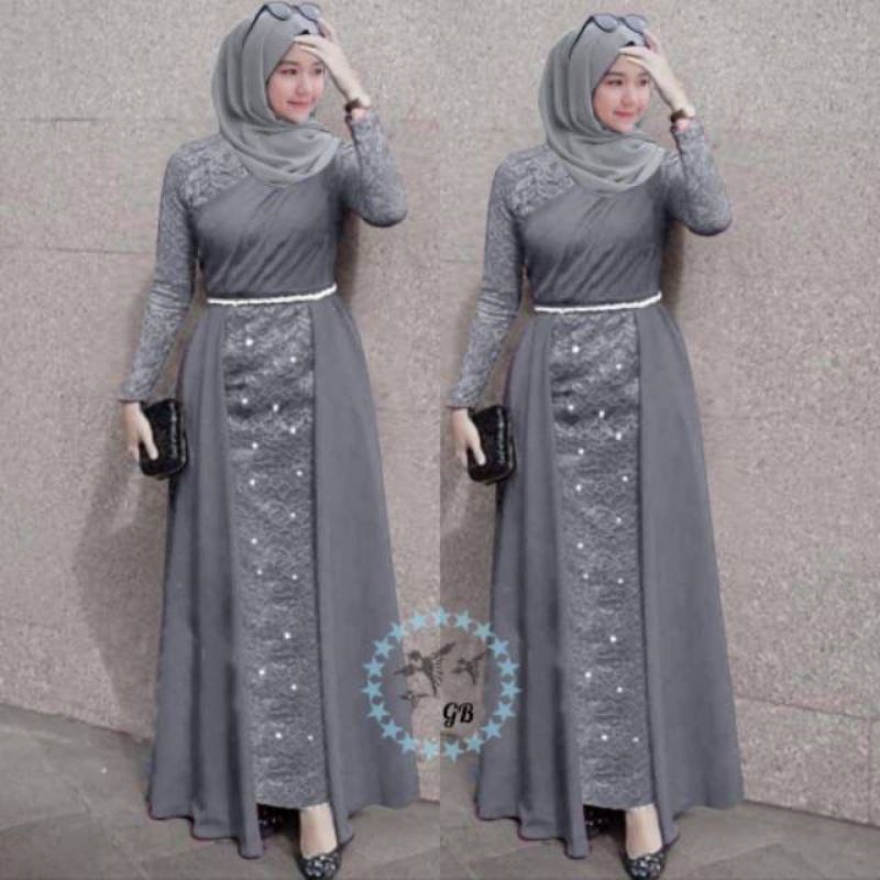 BAJU GAMIS MAXY MAXI JERSEY DRESS BRUKAT BROKAT LENGAN TANGAN PANJANG IMPORT PREMIUM UNTUK PESTA NIK