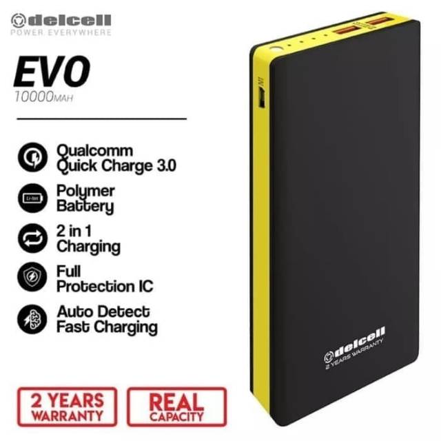 Powerbank Delcell Evo 10000mah Qualcomm QC 3.0 Real Capacity Original Garansi Resmi 2 tahun