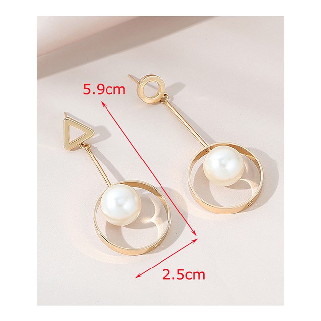 LRC Anting Tusuk Fashion Gold Color Pearl Triangle Round Five-pointed Star Alloy Stud Earrings Y6482