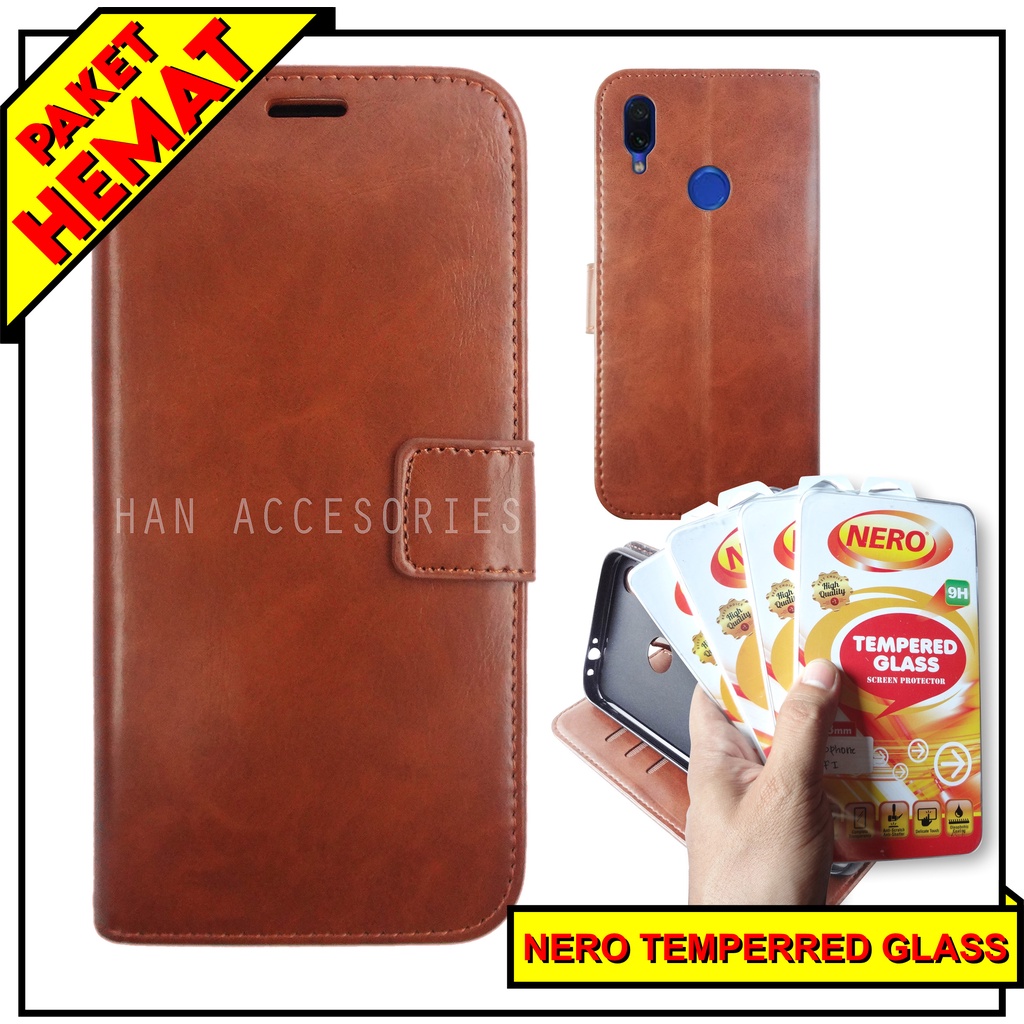 (PAKET HEMAT) Fashion Selular Flip Leather Case Xiaomi Redmi Note 6/Note 6 Pro/Note 7/Note 7 Pro/Note 8/Note 8 Pro/Note 9/Note 9 Pro Flip Cover Wallet Case Flip Case + Nero Temperred Glass