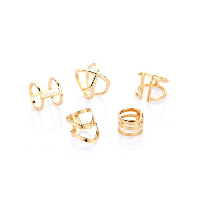 LRC Cincin Set Fashion Gold Color Pure Color Design Double Layer Rings(5pcs)