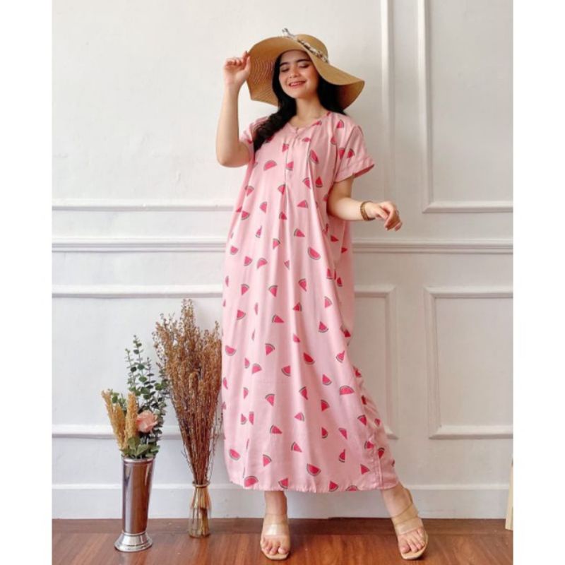 Daster Panjang Semata kaki Busui Kekinian Non Ruffle  AFERO STORE-LONG(SEMANGKA PINK)