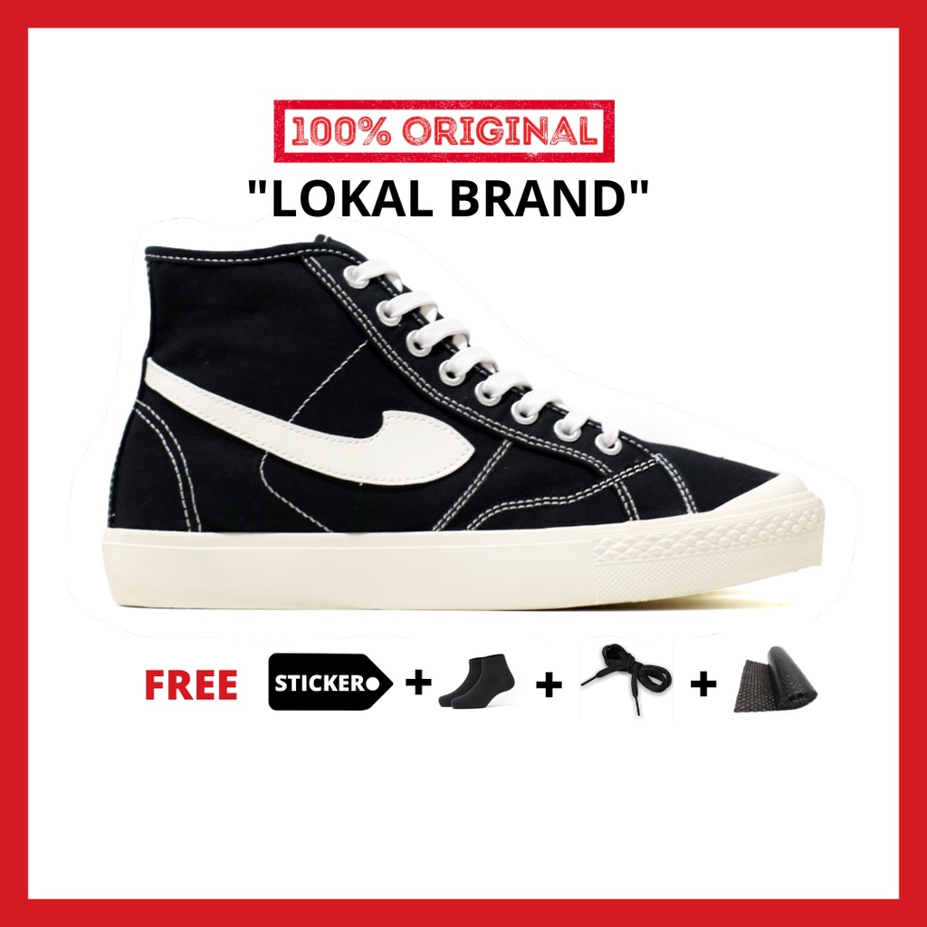 ORIGINAL - Sepatu Brand Lokal Kasual Pria Wanita No Brand Black White Hi Not Sneakers Compass Gazelle Hitam Putih Tinggi