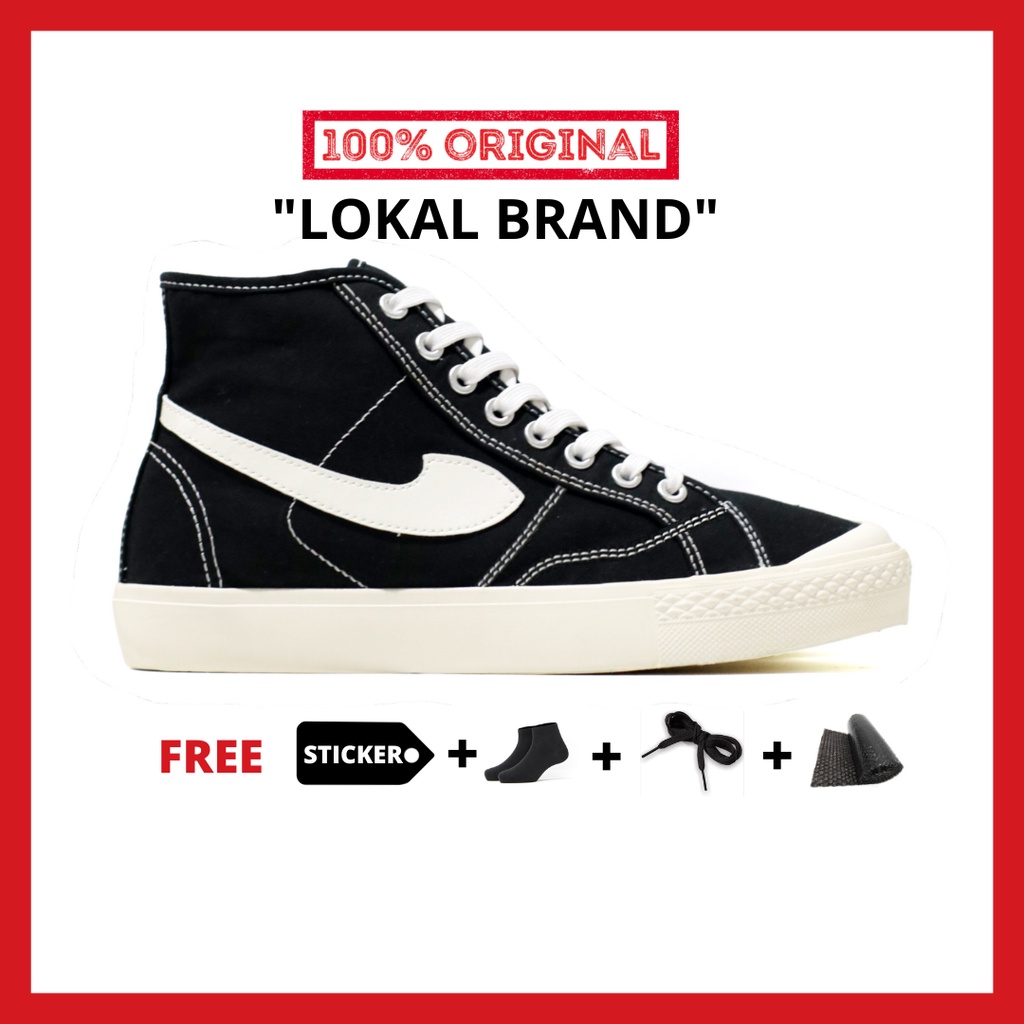 ORIGINAL - Sepatu Brand Lokal Kasual Pria Wanita No Brand Black White Hi Not Sneakers Compass Gazelle Hitam Putih Tinggi