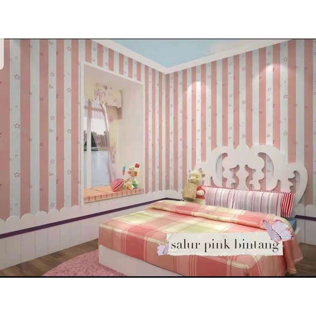 Wallpaper Sticker Dinding Salur Bintang Pink/Biru 45cm x 10m