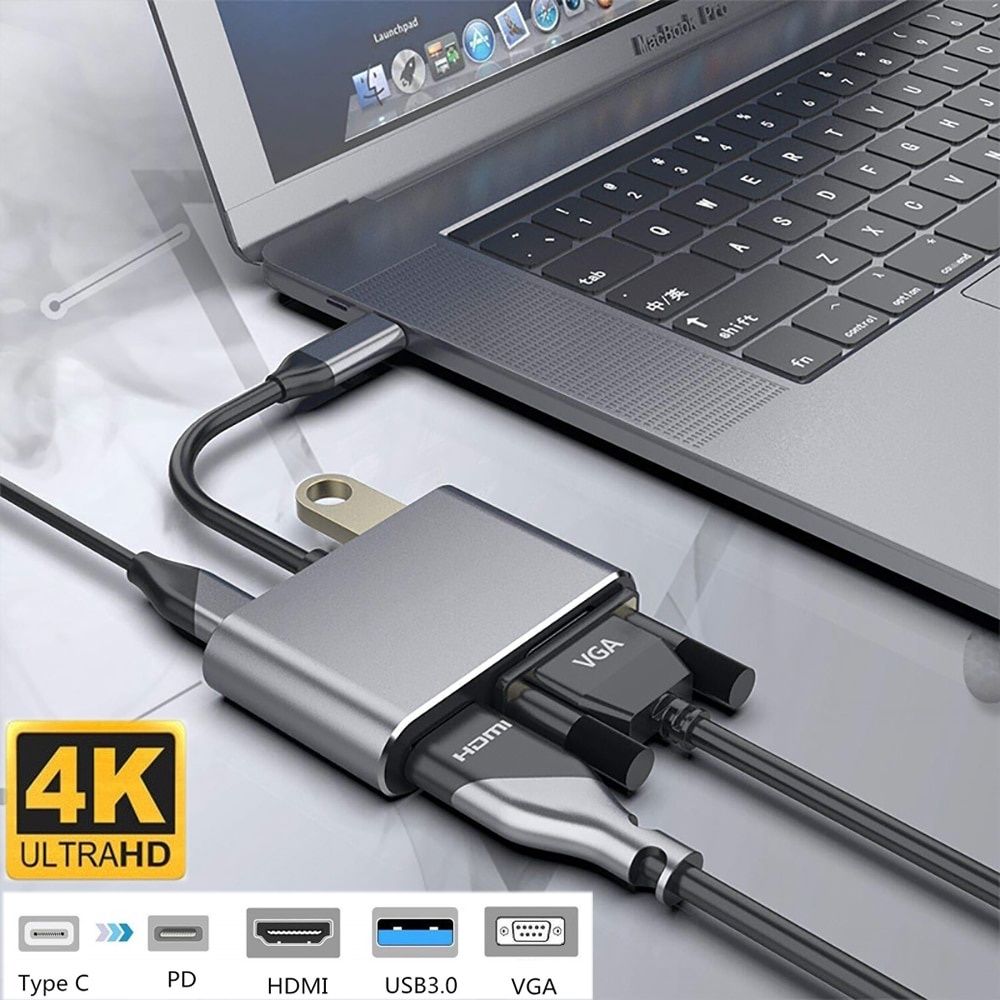 Adapter USB Type C to HDMI VGA PD Charging 4K 87W - D87 - Gray