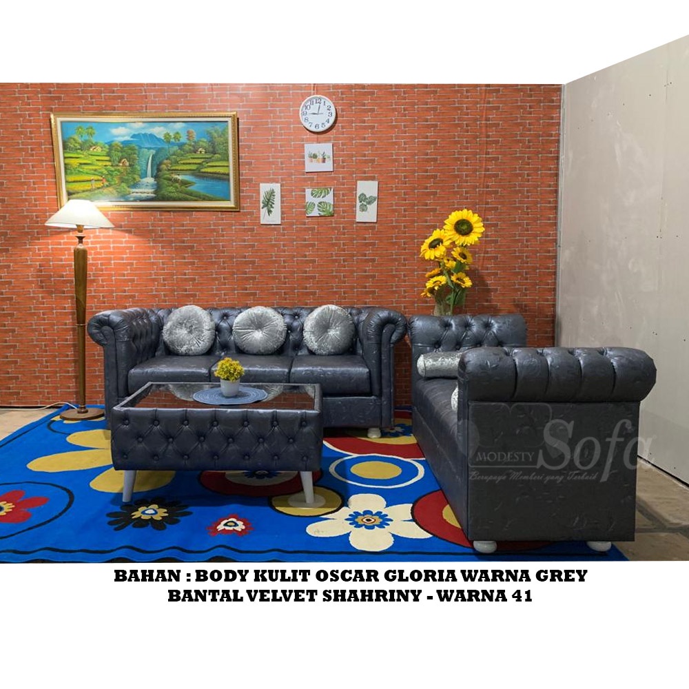 Sofa Ruang Tamu Modesty 3 Seater Chesterfield Mini + Bench Chesterfield + Meja Bungkus Chesterfield 