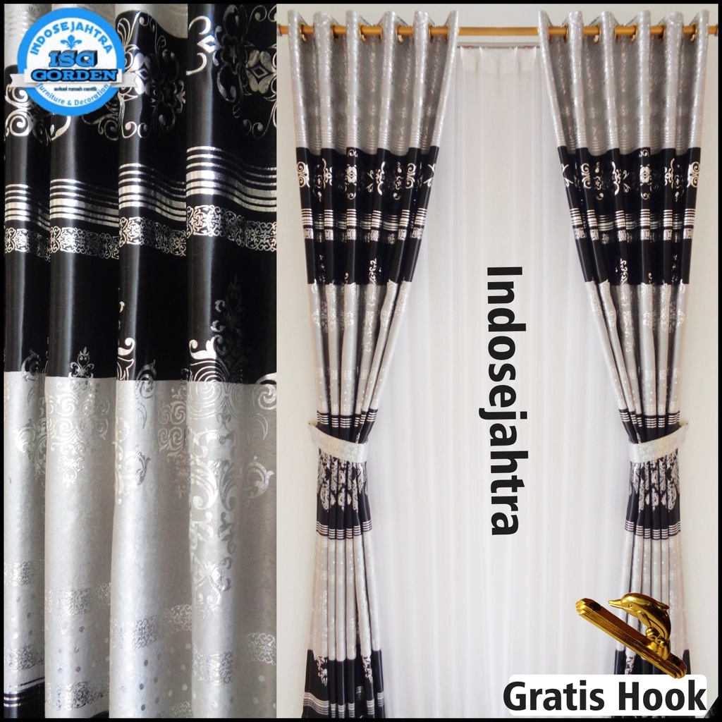 Gorden Jendela Pendek Kamar Tidur Minimalis Blackout Printing Import Abu Hitam