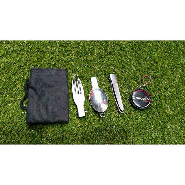 Sendok lipat portable camping + pouch/Sendok set camping (Pouch hitam polos)