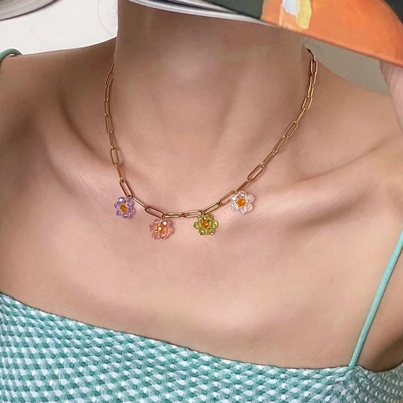 Vintage Colorful Braided Crystal Flower Necklace Clavicle Chain Metal Necklace