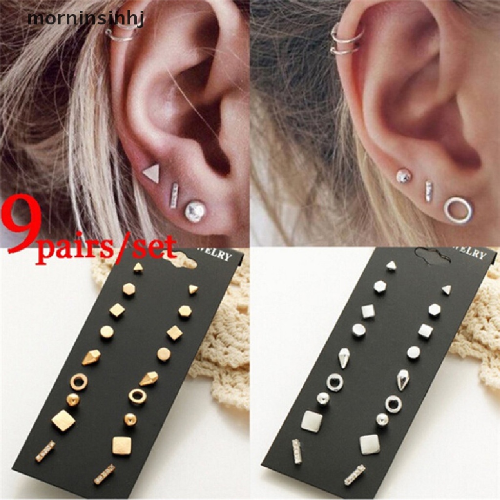 Set 9 Pasang Anting Tusuk Bentuk Geometri Aksen Kristal