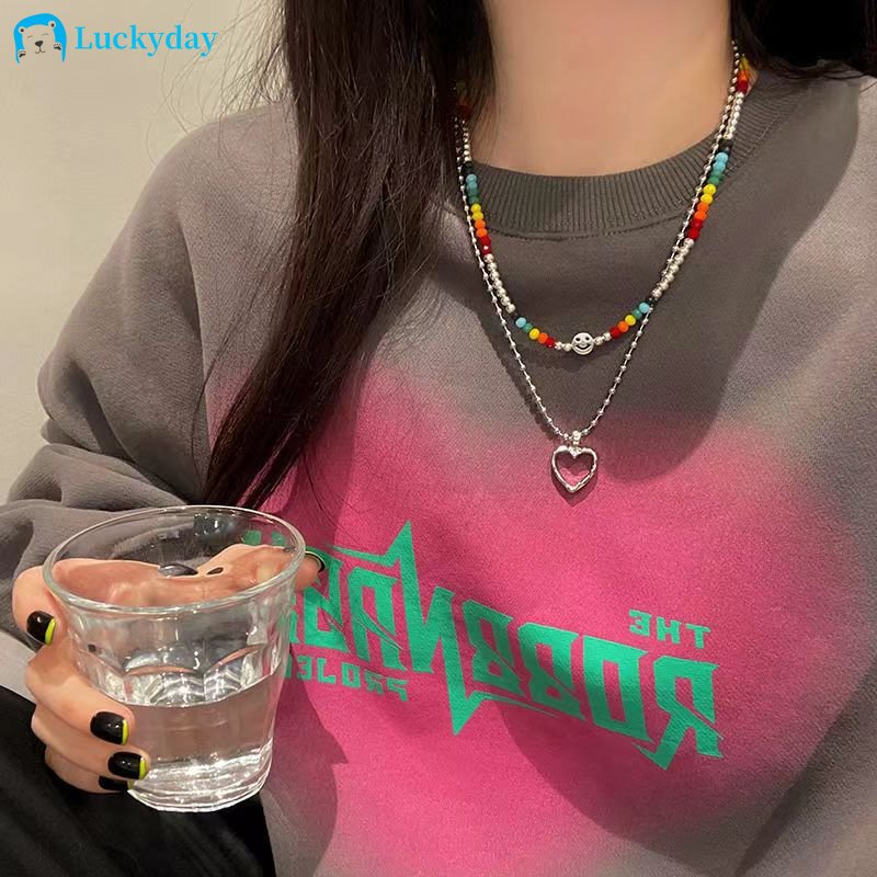 YEEZII Kalung Choker Rantai Silver Banyak Lapis Dengan Manik-Manik Warna-Warni Untuk Wanita