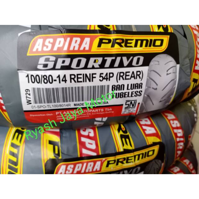 Ban Tubeless Aspira Premio Sportivo 100/80-14 for Lexi/vario125/150/Beat/beat F1/Beat new/beat Esp/