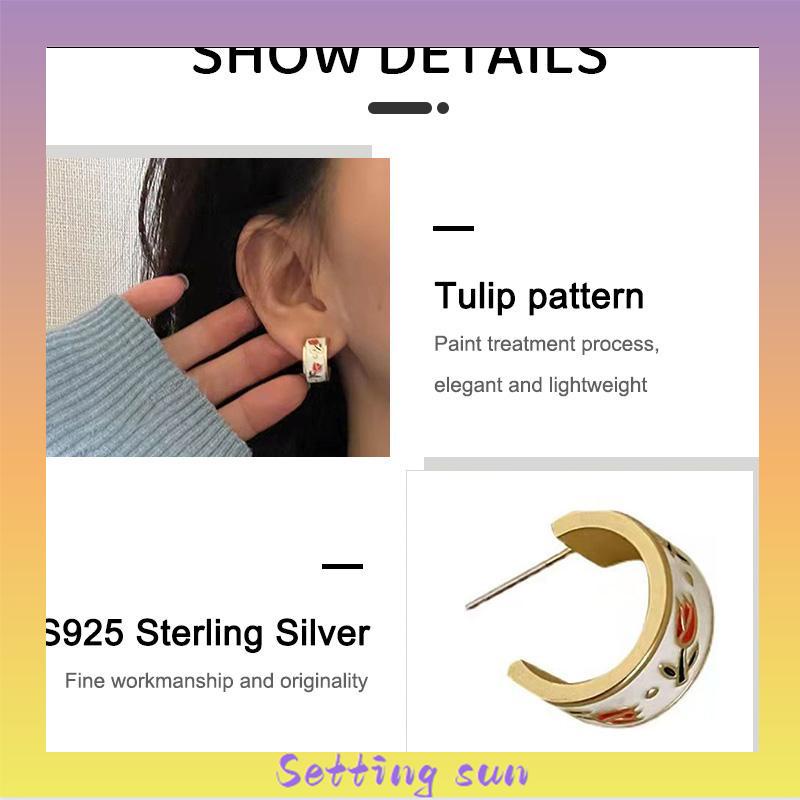 Retro Musim Semi Tulip Lingkaran C Cincin Gaya Hong Kong s925 Sterling Silver Stud Earrings TN