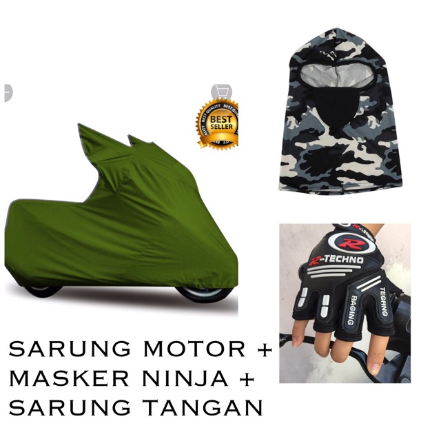 PAKET COVER MOTOR HIJAU + MASKER NINJA ARMY + SARUNG TANGAN KULIT SINTETIS