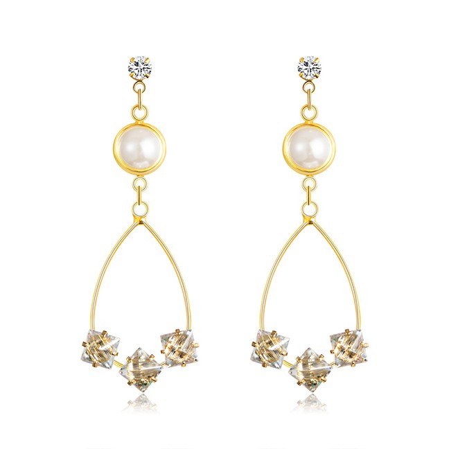 LRC Anting Tusuk Fashion Real Gold Alloy Rhinestone Pearl Geometric Stud Earrings F79757
