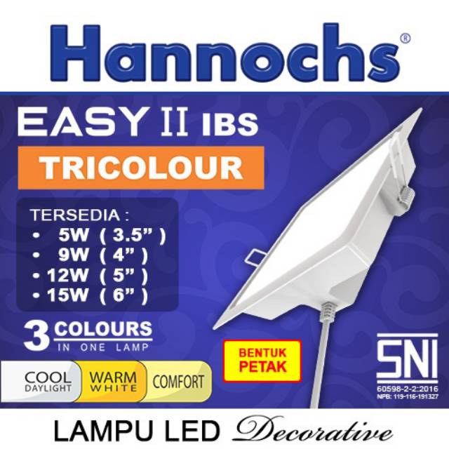 Lampu Downlight EASY II Kotak 3w/ 5w/ 9w/ 12w/ 15w Tricolour Hannochs