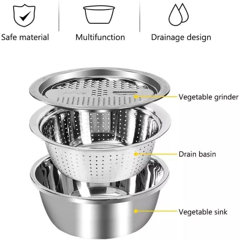 (COD)Baskom Dapur 3 in 1 (Baskom + Saringan + Parutan) Stainless Steel Material // Basin Tiga Tingkat // Baskom Serbaguna
