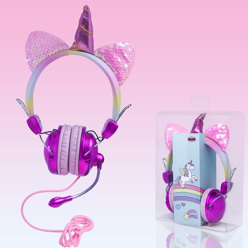 Headphone Unicorn OS Diamond + Mic Candy Glitter Bando Glamor Headset Anak Headphone Bass Lucu Bertanduk CaseSeller