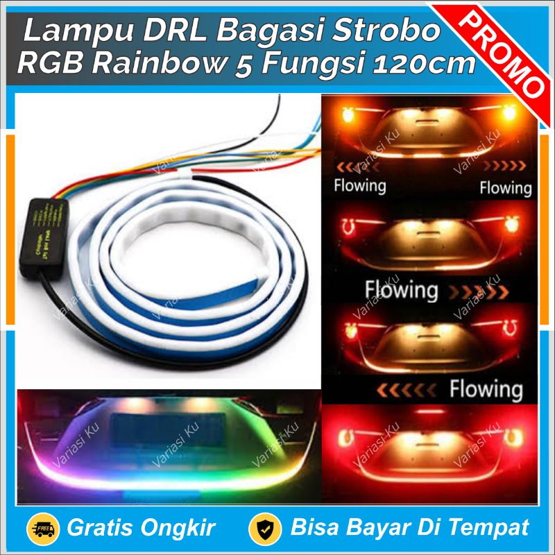 LAMPU LED BAGASI BELAKANG MOBIL STROB0 METEOR 5 FUNGSI 120CM 12V: KOTA RAINBOW, REM KEDIP GENIT, ATR