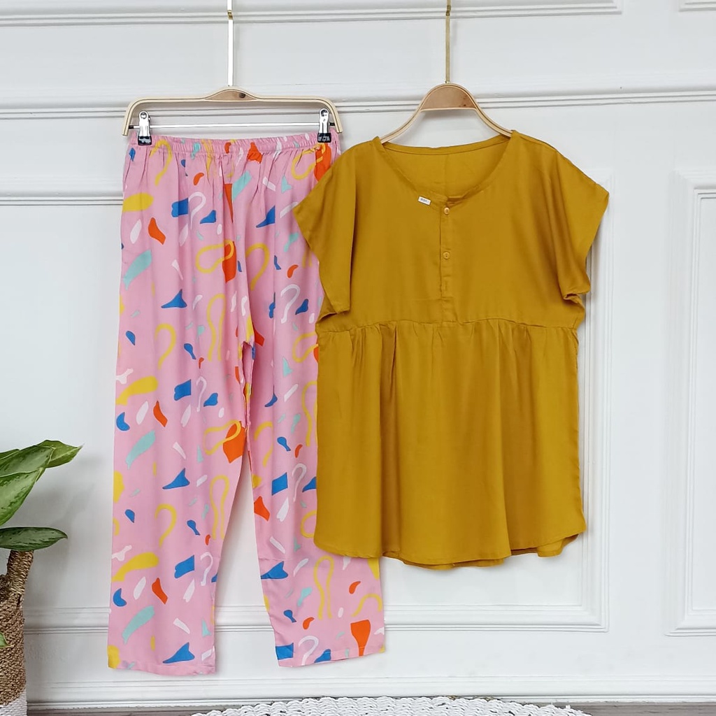 SETELAN BAJU TIDUR PIYAMA WANITA ONE SET PAJAMAS RUFFLE KANCING BUSUI CELANA PANJANG-BBR 9