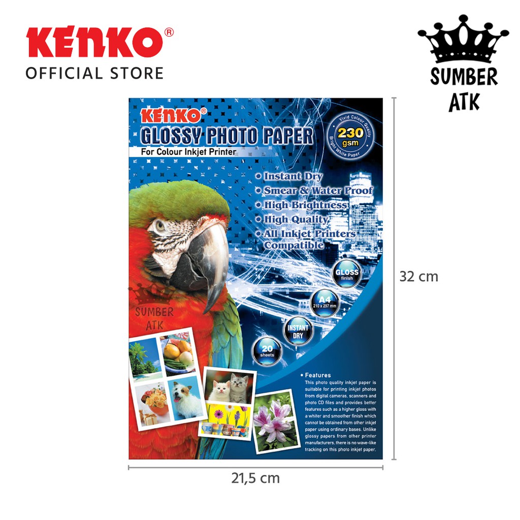 

Photo Paper KENKO 230 GSM / Kertas Cetak Foto Glossy Size A4 - 20 Lembar 1 PCS