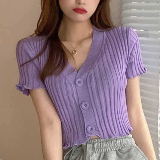 Korean Knit V-Neck Button Crop Top Atasan Wanita Rajut Kancing  2604