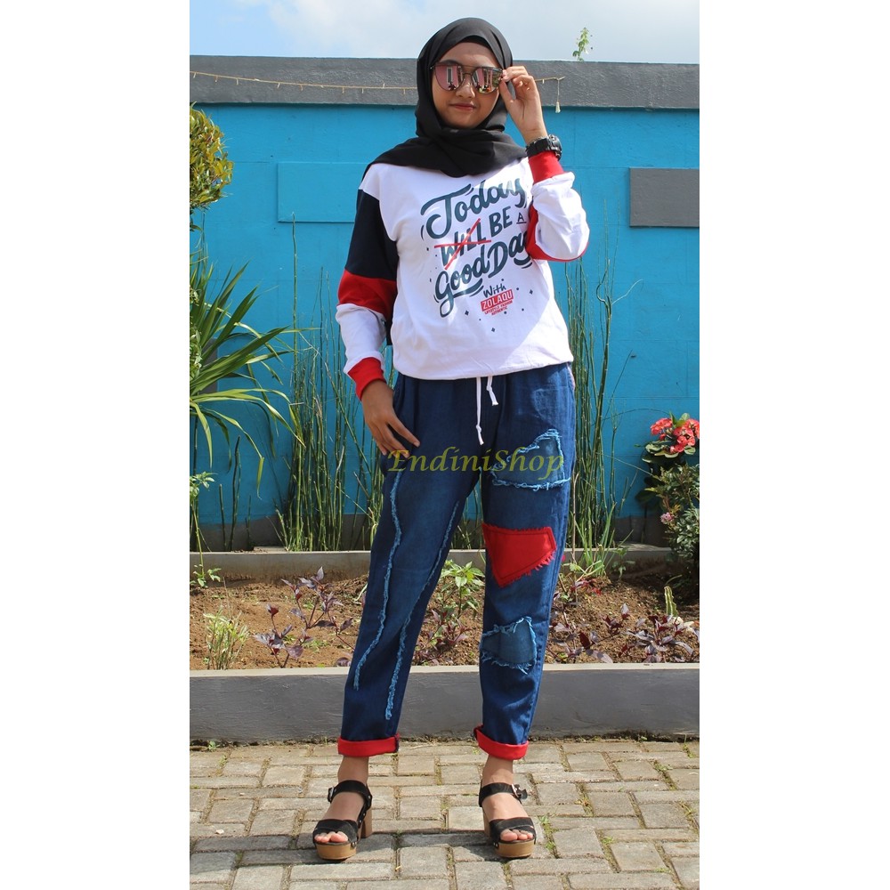 PROMO Set Kaos Baju Zolaqu Putih Kombinasi dan Celana Baggy Jeans Tambal Skinny Warna Black Denim
