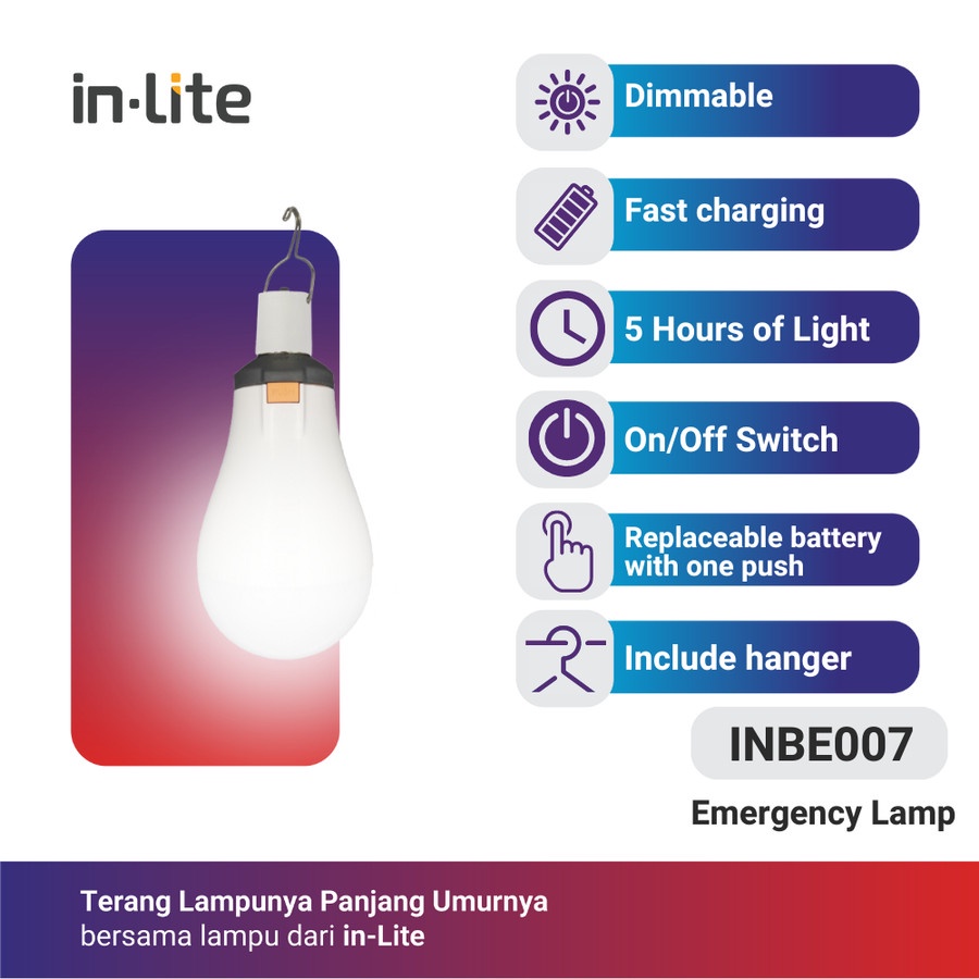 INLITE Lampu Emergency LED 13w 13 Watt 15w 15 Watt + Hanger + Battery INBE007