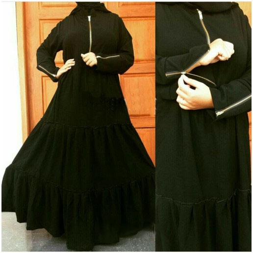 Abaya Gamis Jubah Arab Saudi Dubai Garis Tangan Lengan Tumpuk Simpel Turkey Dubai Syari Hitam Polos