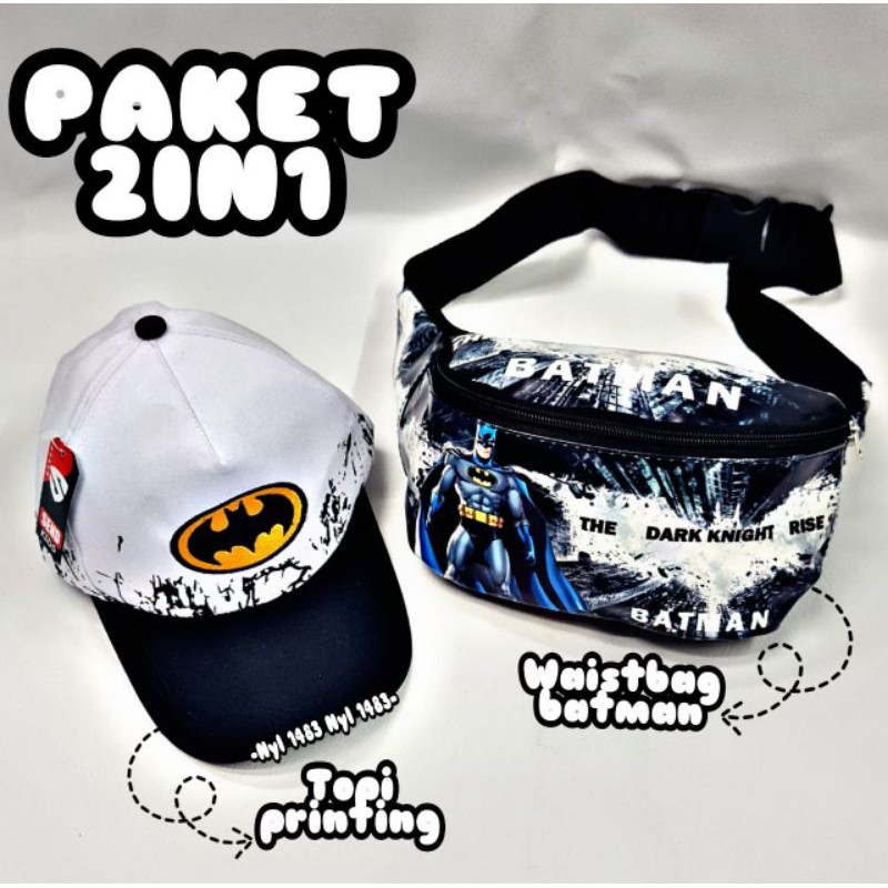 PAKET 2IN1 TAS SELEMPANG WAISTBAG ANAK SUPERHERO/ FREE TOPI KARAKTER