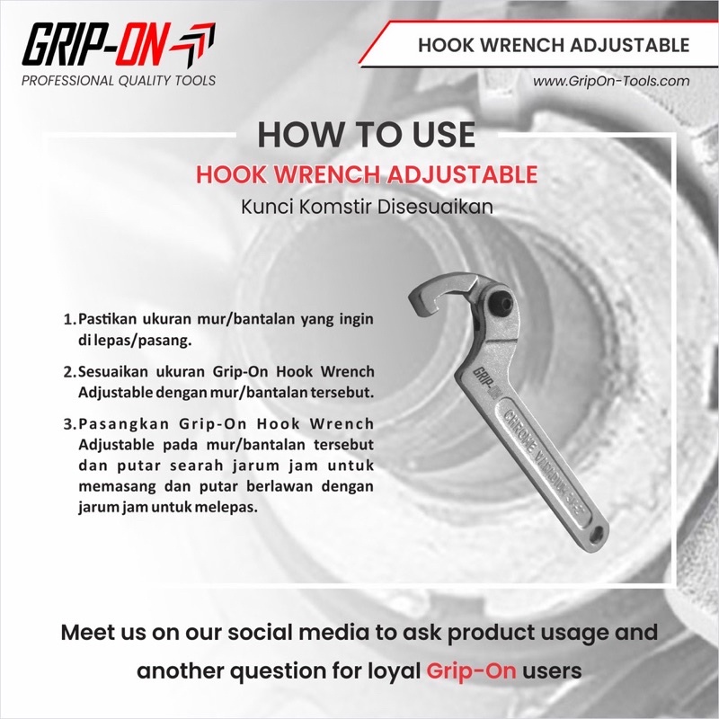 GRIP-ON HOOK WRENCH ADJUSTABLE - KUNCI KOMSTIR FLEXIBLE - KUNCI KAIT FLEKSIBEL