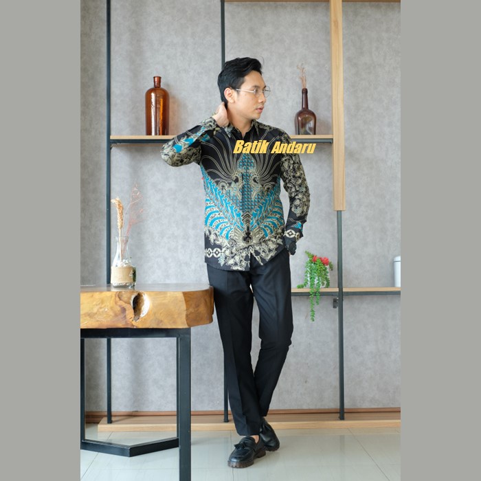 Kemeja Batik Pria Slim Fit Lengan Panjang Modern Heem Premium Bahan Katun Solo Warna Biru Hitam