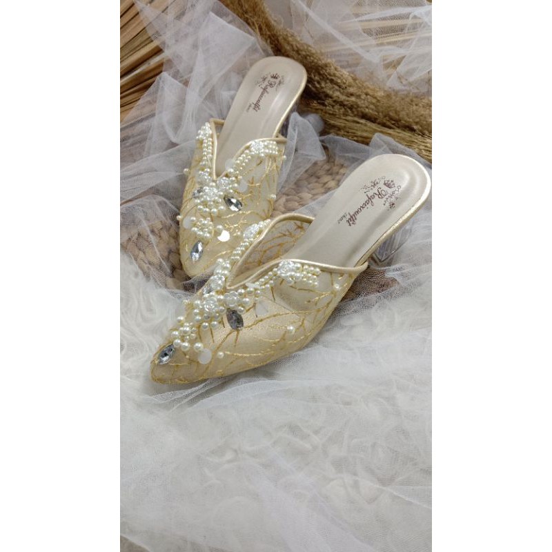 Ruby gold brukat gold sepatu Ruby sepatu wanita cantik sepatu wedding wanita 5cm kaca