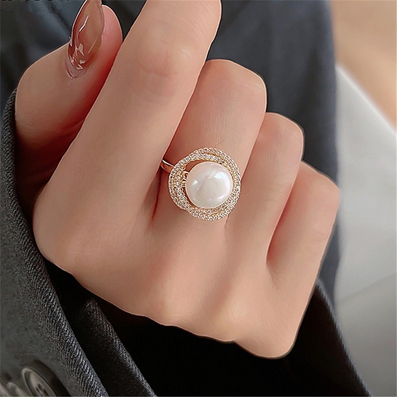 Cincin Model Lilit Desain Bunga Hias Zirconmutiara Besar Untuk Wanita