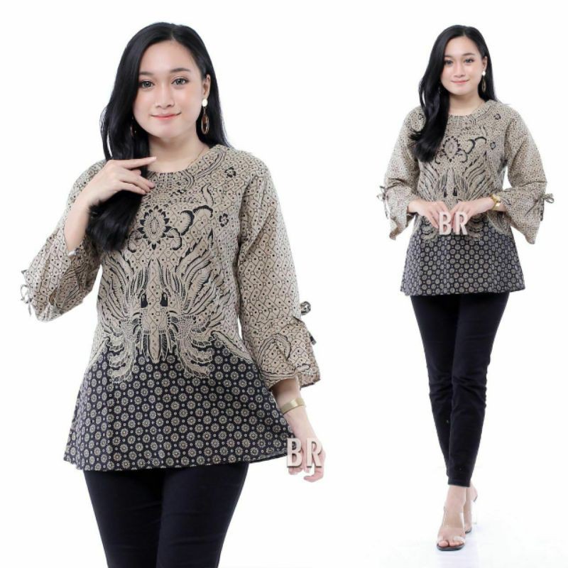 ATASAN BATIK WANITA MOTIF UKIR BUNGA BIRU SERAGAM BATIK