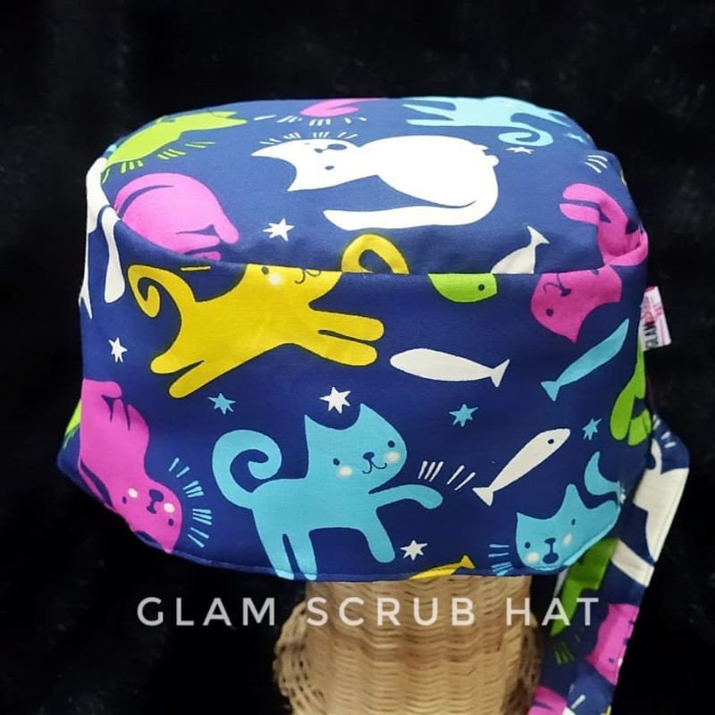 Topi operasi motif kucing - scrub hat - topi bedah - topi dokter/perawat/bidan - topi katun
