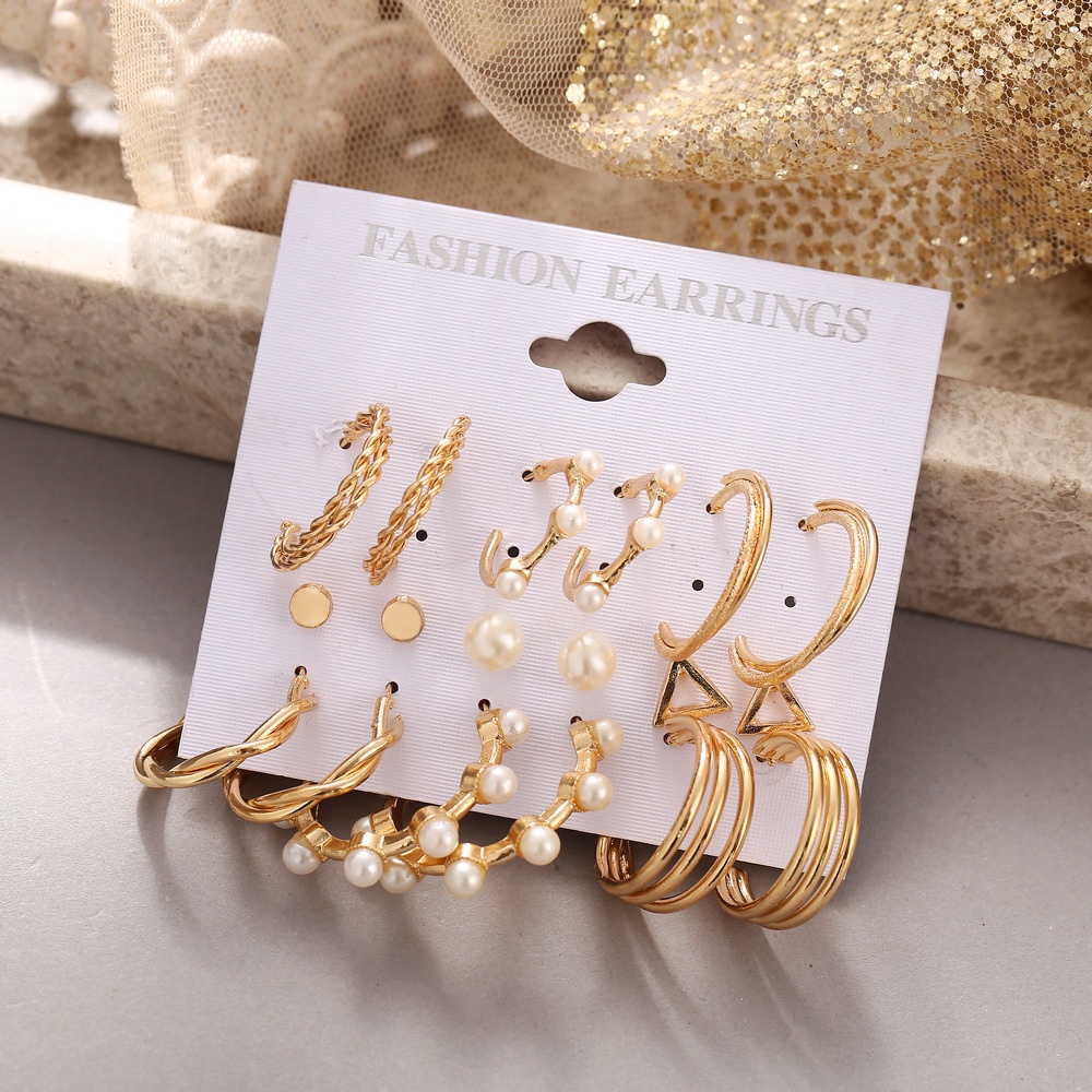 9 Pcs Baru Eropa dan Amerika Mutiara Temperamen Anting-Anting Set Wanita Geometris Zirkon Anting-Anting Fashion Aksesoris