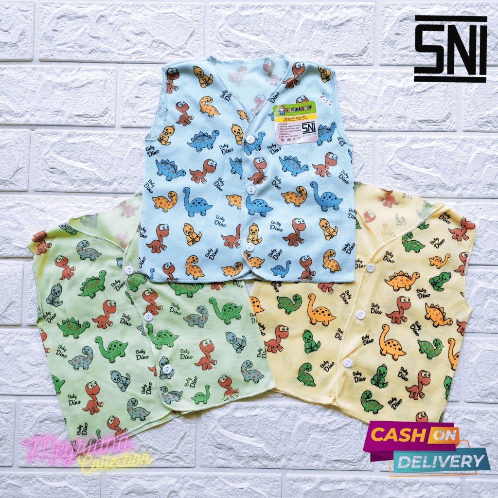 3 Pcs Baju Bayi Baru Lahir Lengan kutung Singlet Corak Dinosaurus SNI Meyriana Collection