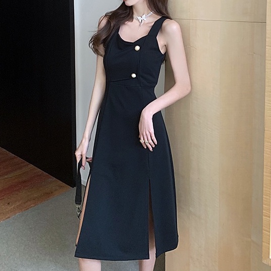 【SALE】Korean Midi Dress Botton A-Line Short Sleeve Dress Wanita Bahu Terbuka 1320 (S-XL)