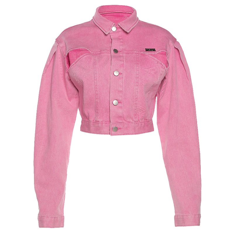 #Sisjuly# Manis, keren dan tampan pink lengan panjang ramping mantel pendek wanita jaket multi-saku