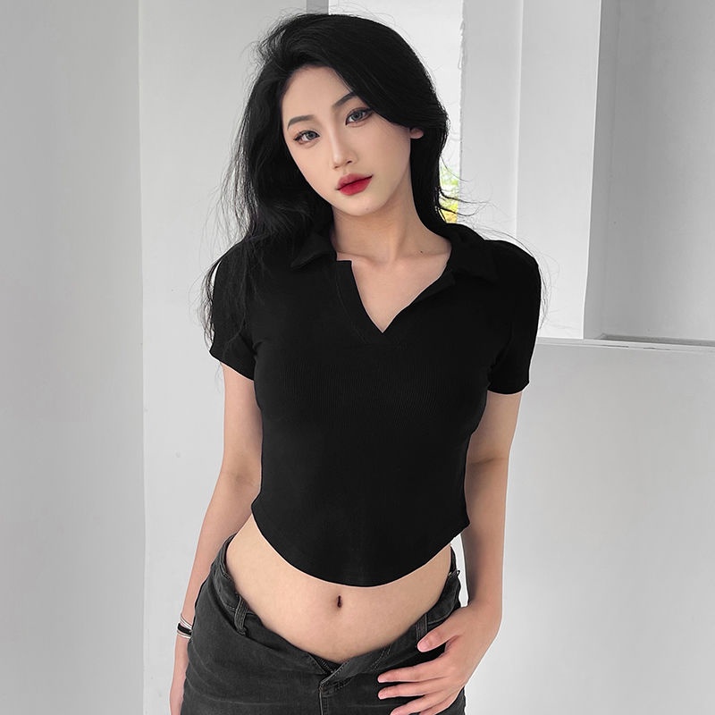 Buktikan kekinian atasan crop top Eropa dan Amerika pure lust hot girl slim V-neck T-shirt women show the figure navel all-match casual short top baju import kaos wanita korean style
